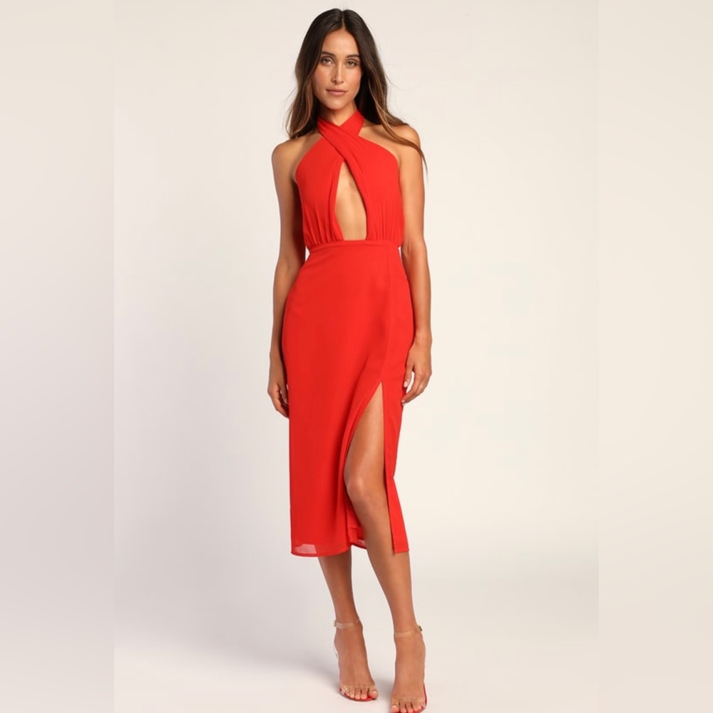 Flirty Chic Red Cutout Twist-Front
Halter Midi Dress